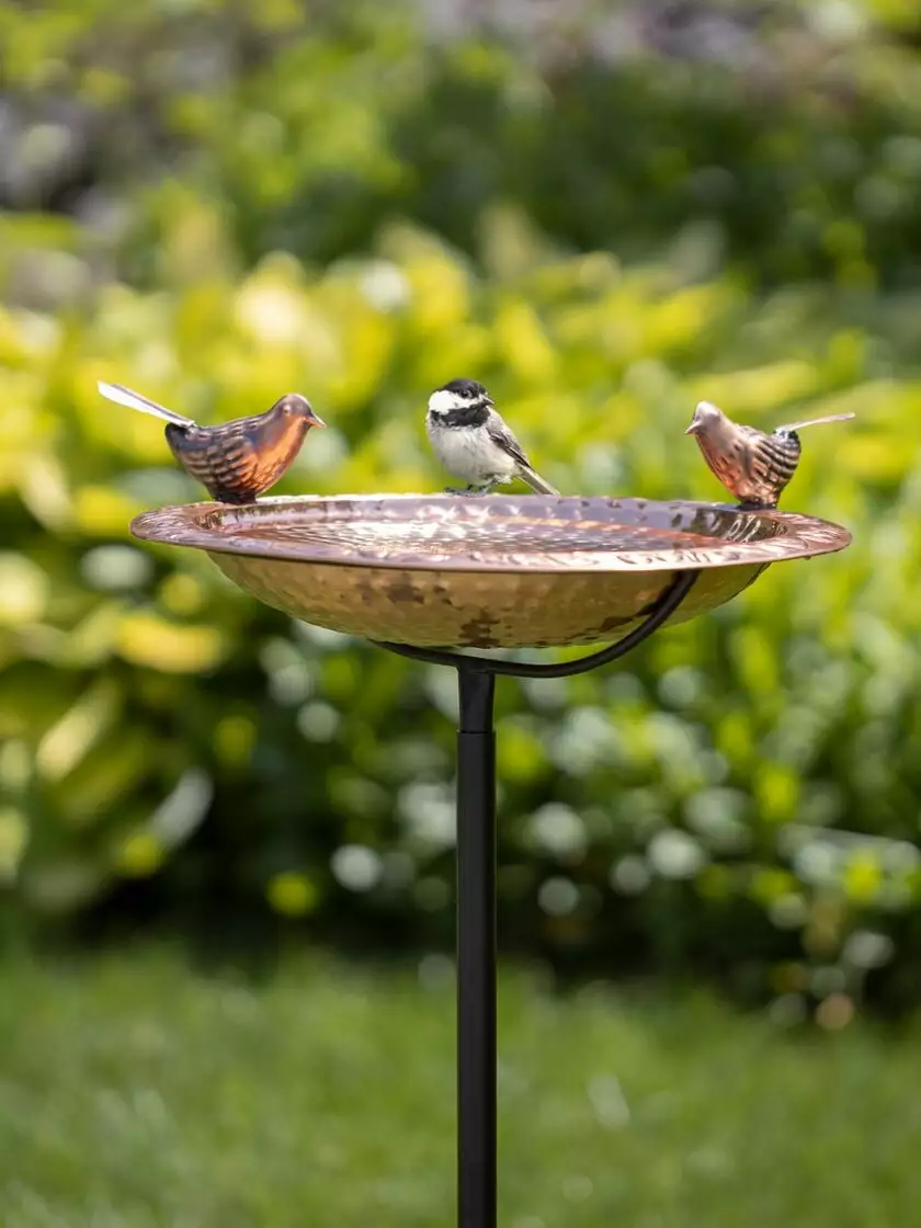 GSC Pure Copper Bird Bath With Two Copper Birds And Multipronged Garden Pole
