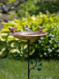 GSC Pure Copper Bird Bath With Two Copper Birds And Tree Multipronged Garden Pole