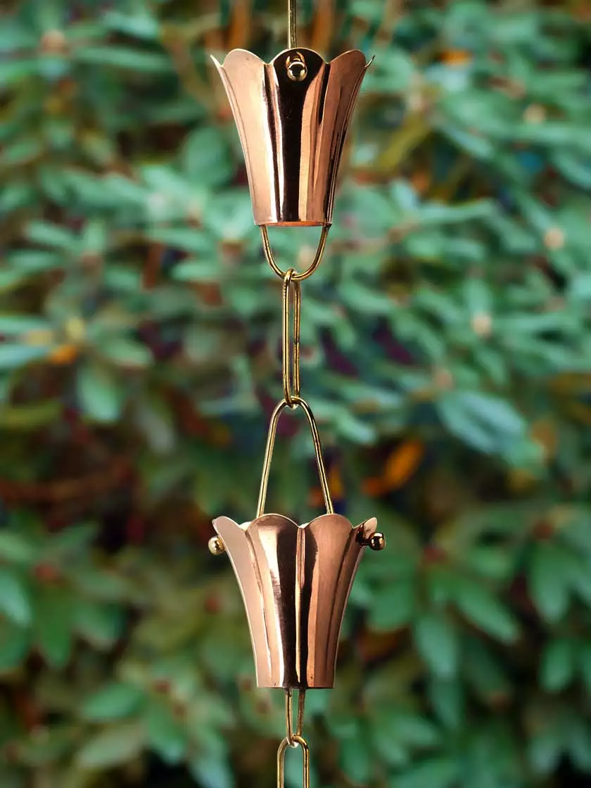 GSC Fluted Flower Pure Copper Rain Chain, 8.5' - Image 2