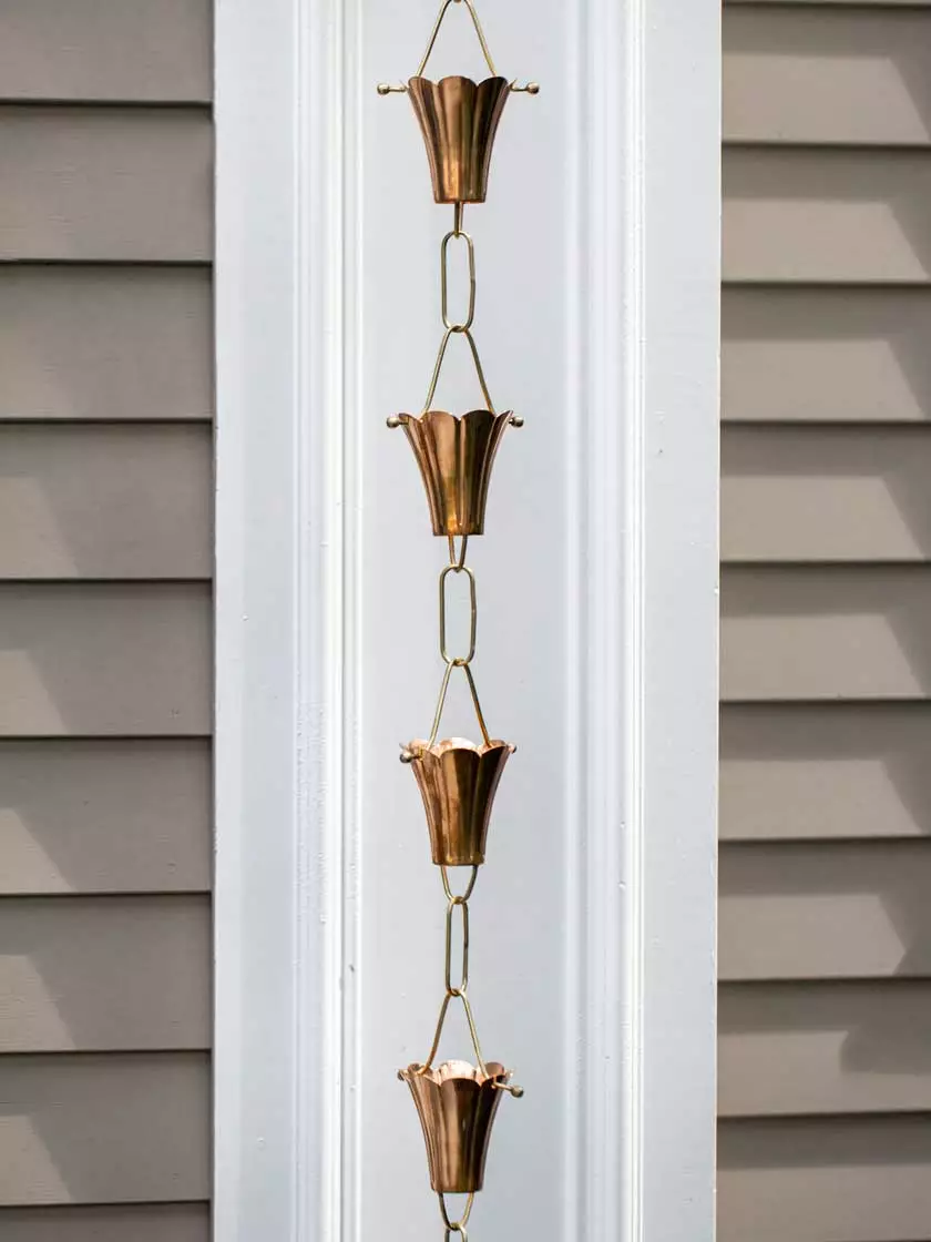 GSC Fluted Flower Pure Copper Rain Chain, 8.5' - Image 3