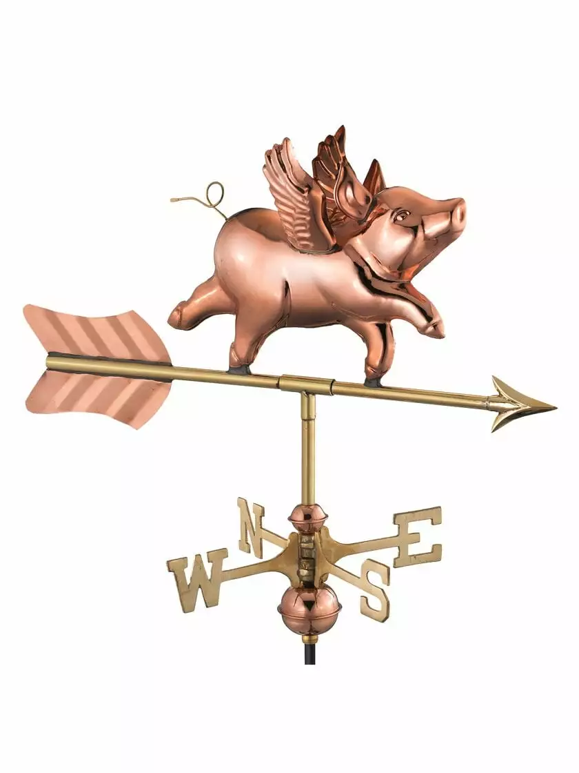 GSC Flying Pig Cottage Copper Weathervane With Roof Mount