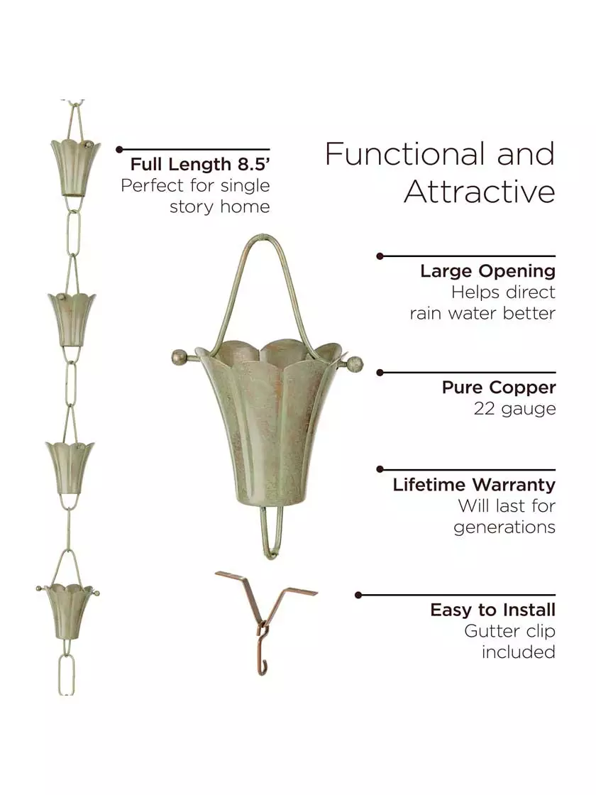 GSC Fluted Flower Pure Copper Rain Chain, 8.5' - Image 7