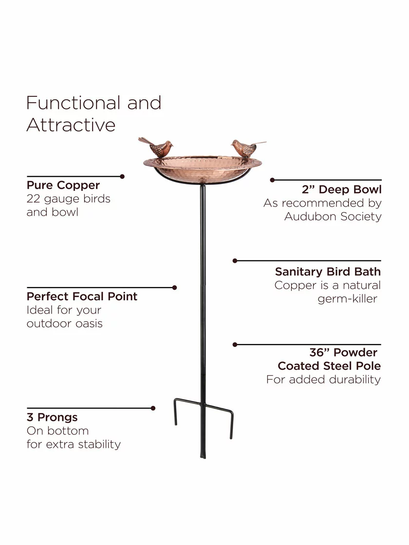GSC Pure Copper Bird Bath With Two Copper Birds And Multipronged Garden Pole - Image 6