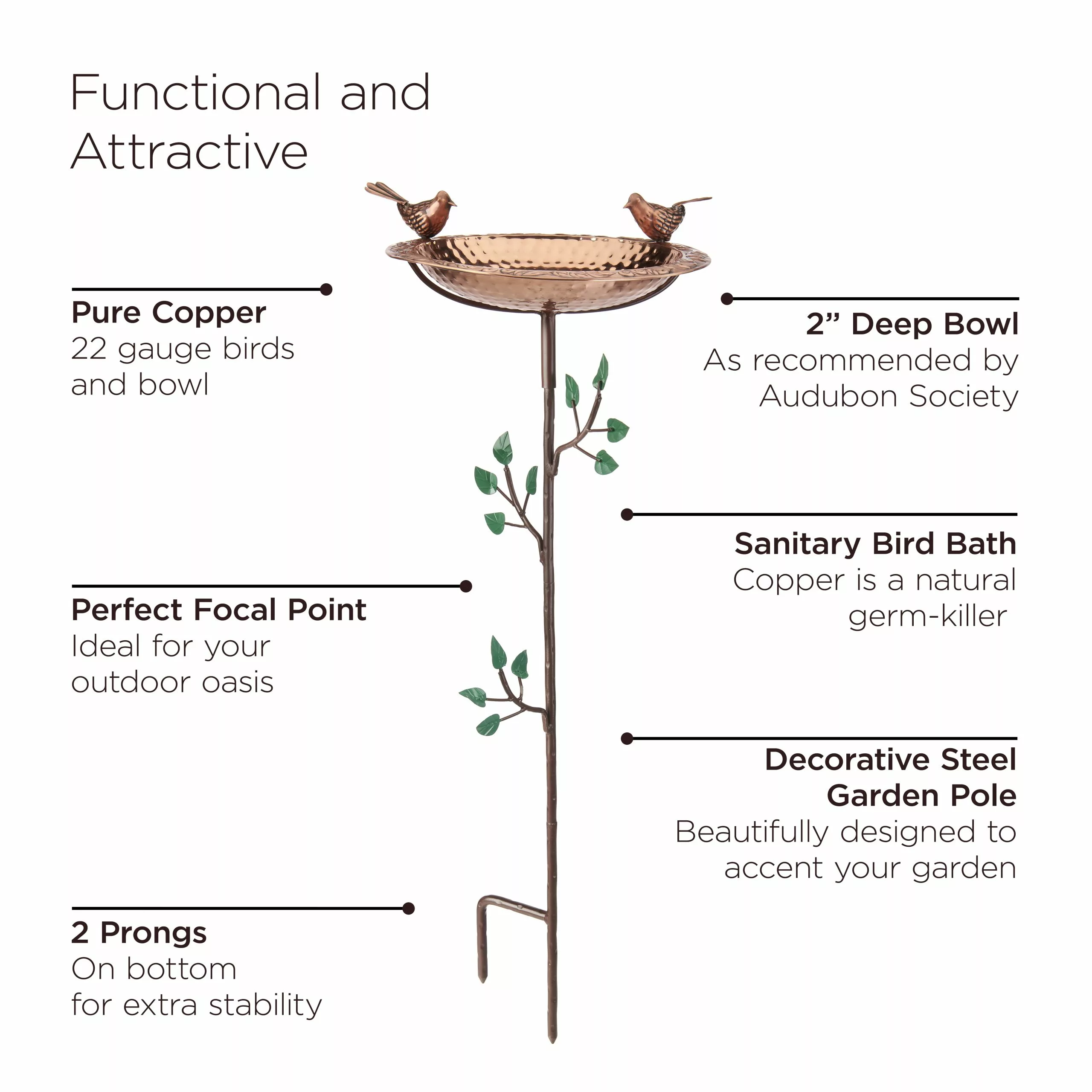 GSC Pure Copper Bird Bath With Two Copper Birds And Tree Multipronged Garden Pole - Image 7